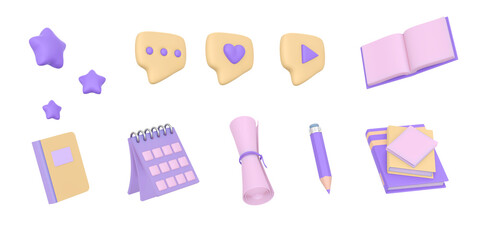 Concept education or business. 3d icon for social media or university and school. Stack of the books, calendar, search, speech smile, stars and mail flying
