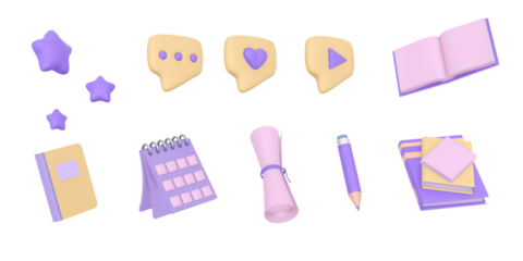 Concept education or business. 3d icon for social media or university and school. Stack of the books, calendar, search, speech smile, stars and mail flying