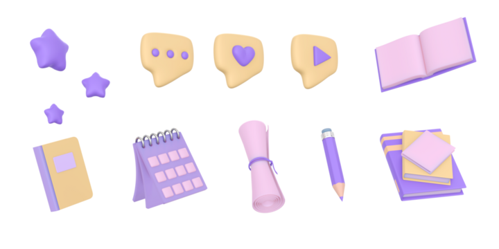 Concept education or business. 3d icon for social media or university and school. Stack of the books, calendar, search, speech smile, stars and mail flying - Powered by Adobe