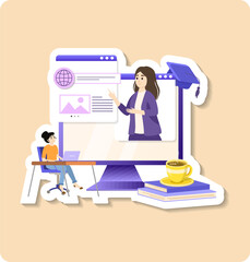 Online courses sticker illustration. Illustrated online courses concept with woman on laptop. Vector sticker illustration