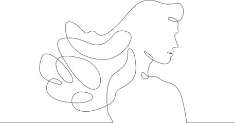 Girl with luxury long hair. Hair blowing in the wind. Portrait profile of a woman. Women's hairstyle. One continuous line drawing. Linear. Hand drawn, white background. One line
