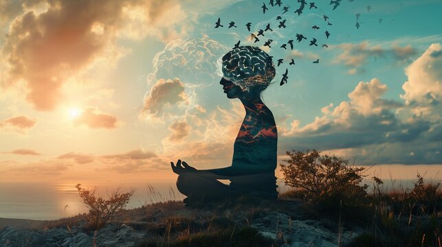  Silhouette of a person in meditation, brain unfurling like a cage with birds escaping. Concept; Meditation, relaxation, Mental health, yoga.