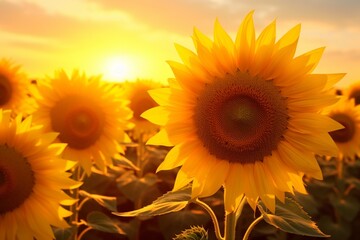 Obraz premium : A field of golden sunflowers bathed in the warm light of the late afternoon sun, creating a picturesque summer scene.