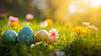 Decorated Easter eggs on the grass