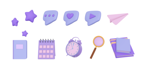 Concept education or business. 3d icon for social media or university and school. Stack of the books, calendar, search, speech smile, stars and mail flying