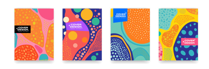 Abstract pattern background, colourful doodle shapes and colors in vector modern trendy design. Cartoon pattern with abstract fun and bright colors backgrounds for brochure cover in postmodern design - 729181667