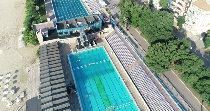 Aerial View of two public swimming pools. Professional Swimmer Practicing, Varna Bulgaria
