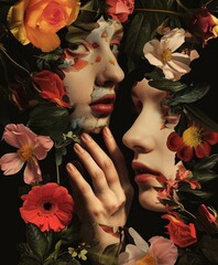 serene faces with hand, close up, closed eyes, surrounded with delicate botanical elements,...