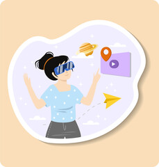 Interactive simulations sticker illustration. Cyberspace. Metaverse Digital Virtual Reality Technology. Innovation Interactive Education at Home. Woman in VR Glasses
