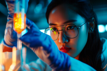 Asian female scientist holding a test tube with a solution in gloves in a research lab or doing chemical experiments - obrazy, fototapety, plakaty