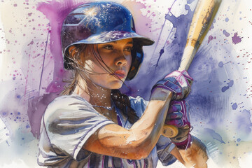 Baseball player in action, woman purple watercolor with copy space