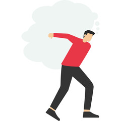 concept of obsessiveness at work or too many problems can't make a decision, Overthinking, a depressed businessman trying to carry a heavy burden of thought bubbles. flat vector illustration.