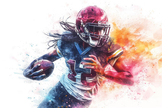 American football player in action, woman colourful watercolour with copy space