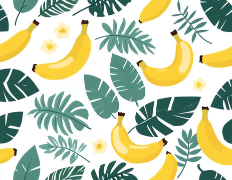 seamless pattern of banana fruit and leaves isolated on white