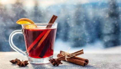Mulled wine with spices on a blurred background of winter landscape