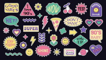 Printable stickers with geometric retro shapes and quotes in the style of the 1990s. Vector colorful elements isolated on a dark background