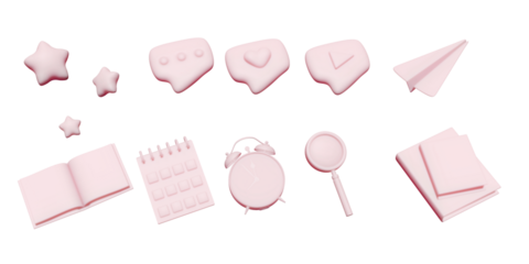 Concept education or business. 3d icon for social media or university and school. Stack of the books, calendar, search, speech smile, stars and mail flying