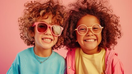 Two young children with curly hair wearing oversized sunglasses smiling brightly against a pink background.