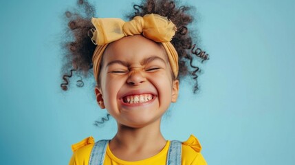 A joyful young girl with curly hair wearing a yellow headband and a yellow dress with blue denim sleeves smiling brightly against a blue background.