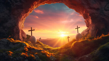 Empty tomb of Jesus with crosses