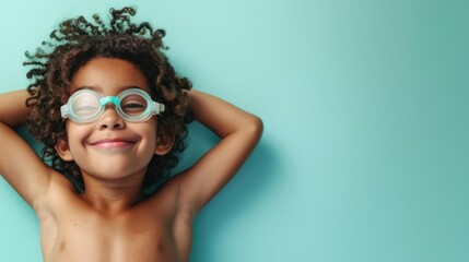 A young child with curly hair wearing swimming goggles smiling and resting their arms behind their head against a light blue background.