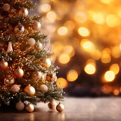 Obraz na płótnie Canvas Christmas tree with gold ornaments and bokeh lights background