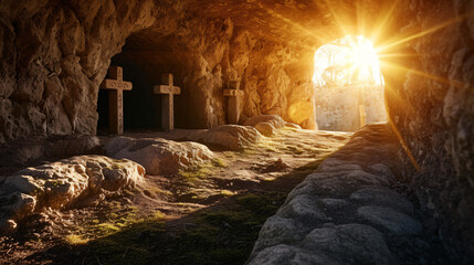 Empty tomb of Jesus with crosses
