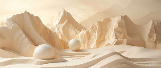 A minimalist beige paper landscape with undulating shapes and soft shadows, evoking tranquil desert dunes.