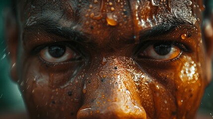 Detailed close-up of a person's sweaty face, with a focus on the determined eyes amidst glistening...
