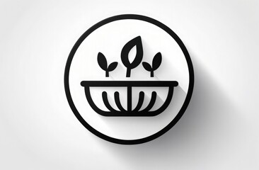 A simple black and white illustration of sprouting plants in a pot, presented as a clean, minimalist icon on a shaded background