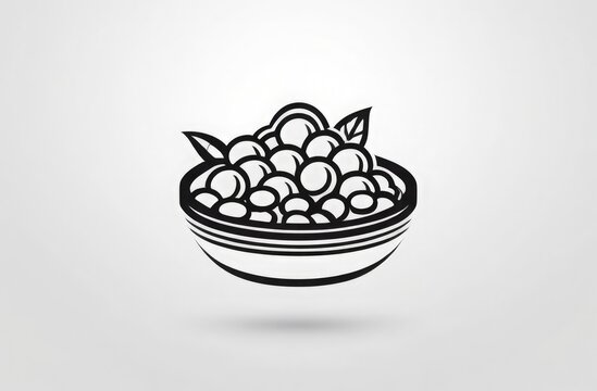 A simple yet elegant black and white drawing of a bowl filled with round fruits, possibly depicting berries or grapes, with a couple of leaves indicating freshness