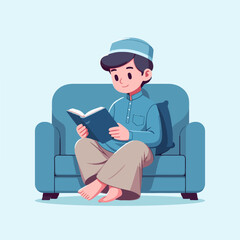 muslim teenage boy reading a book while sitting on a sofa cartoon vector illustration