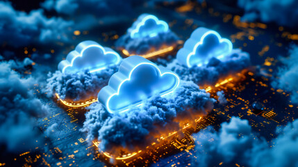 Digital networking and cloud computing concept with global connectivity and modern technology elements in a blue-themed background