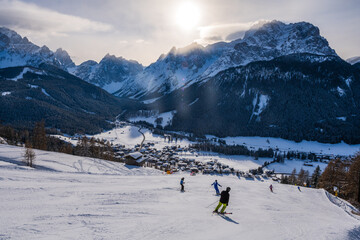 The Three Peaks (Drei Zinnen) ski resort in the UNESCO World Heritage site Dolomites in Italy.  - obrazy, fototapety, plakaty