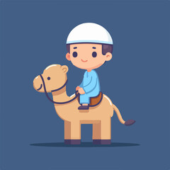 Obraz na płótnie Canvas cute muslim boy riding camel on eid day cartoon vector illustration