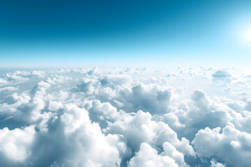 Image of white beautiful clouds above a blue sky in style of realistic atmospheres with soft and dreamy scene, aerial view