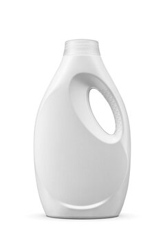 Laundry liquid detergent soap in blank plastic bottle with handle isolated. Transparent PNG image.