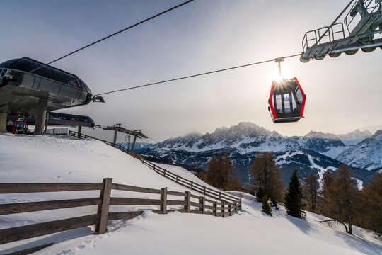 Ski Gondola lift in the Three Peaks (Drei Zinnen) ski resort in the UNESCO World Heritage site Dolomites in Italy. 