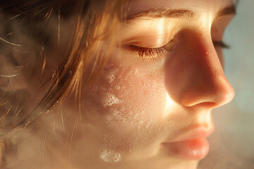 The youthful beauty of a woman's face in the sauna, surrounded by soothing steam