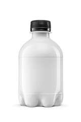 White soft drink soda bottle with black cap without label isolated. Transparent PNG image.