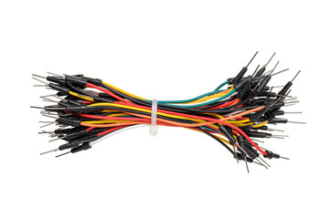 Breadboard jumper multicolored wires, male to male pins isolated. Transparent PNG image.