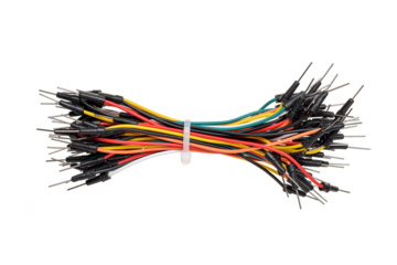 Breadboard jumper multicolored wires, male to male pins isolated. Transparent PNG image.