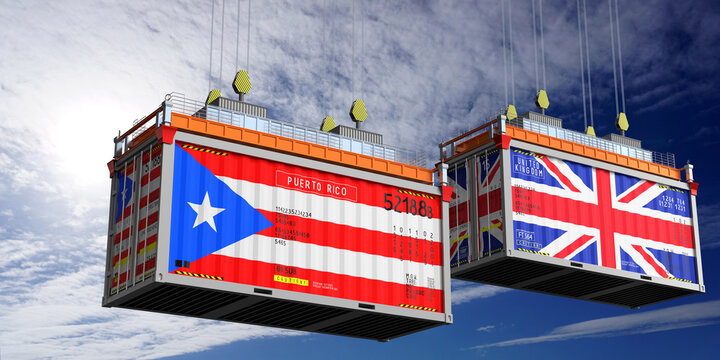 Shipping containers with flags of Puerto Rico and United Kingdom - 3D illustration