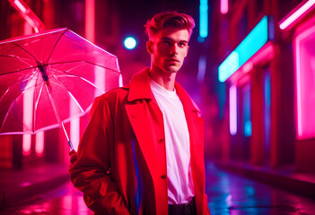 Neon night retro wave portrait of a young