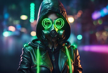 Fashion cyberpunk girl in leather hoodie jacket