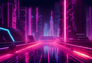 Abstract, futuristic city of concrete and neon.