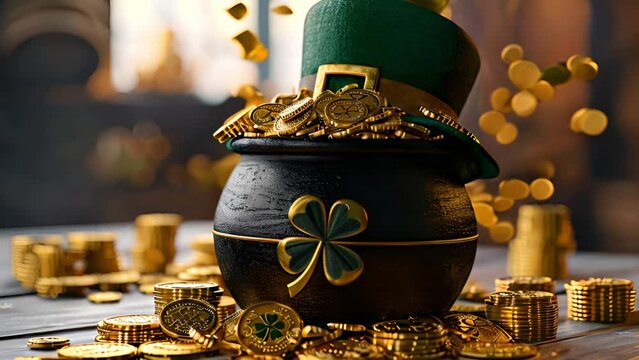 Saint Patrick s Day. Pot full of golden coins.Traditional Irish symbol of success and luck. Leprechaun s gold. Celebrative, festive 3D Render concept sparkling lights moving around 4k