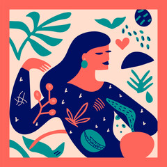Hand drawn contemporary portrait woman in relaxed pose, Matisse inspired. Abstract flowers and shapes collage. Vector illustration in bold colors and simple forms