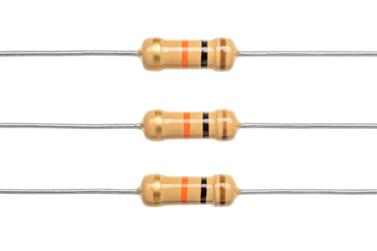 Carbon film resistors isolated. Macro shot of electronic components. Transparent PNG image.