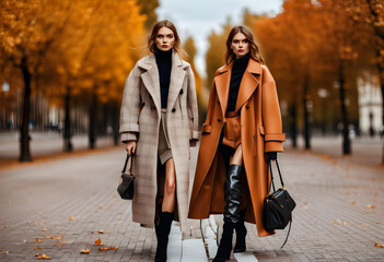 Autumn fashion two women in trendy clothes coat,